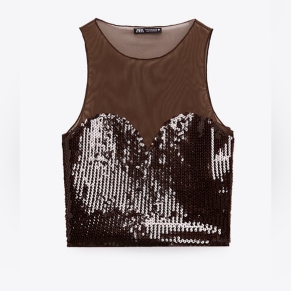 Zara Brown Sequin Tulle crop top NWT - Picture 3 of 13